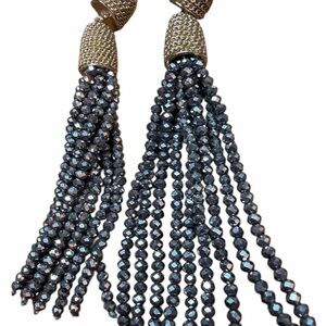 ELEGANT Beaded and Tassel Gold & Iridescent Charcoal Gray PIERCED Earrings - EUC